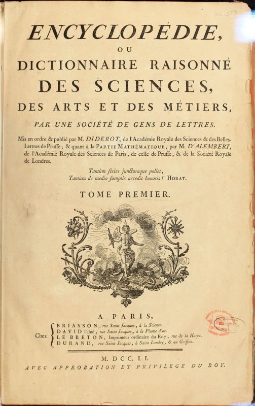 Titelseite des ersten Bandes der französischen Enzyklopädie.