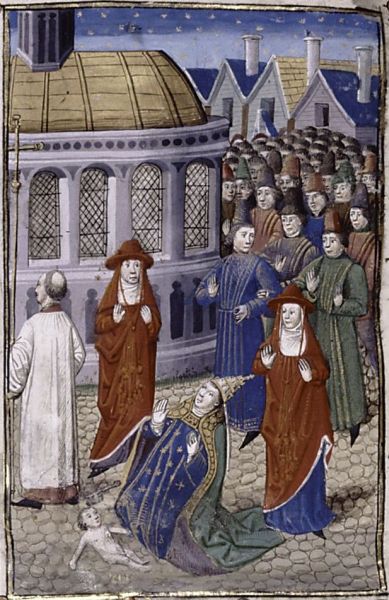 Die Niederkunft der Päpstin Johanna in einer Darstellung von 1450.
