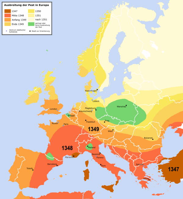 Landkarte mit dem Ausbreitungsweg der mittelalterlichen Pestepidemie.