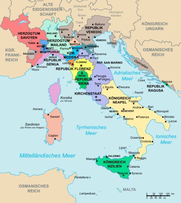 Karte, die das Italien der Renaissance zeigt.