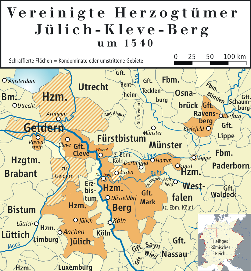 Karte der Herzogtümer Jülich-Kleve-Berg im Jahr 1540.