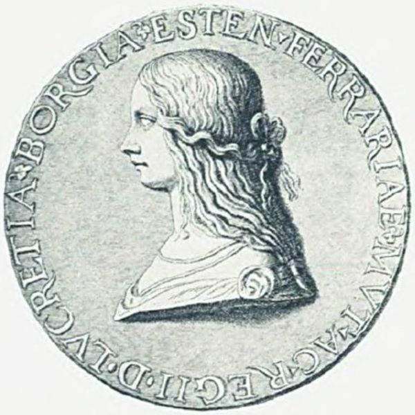Bildnis von Lucrezia Borgia auf einer Münze.