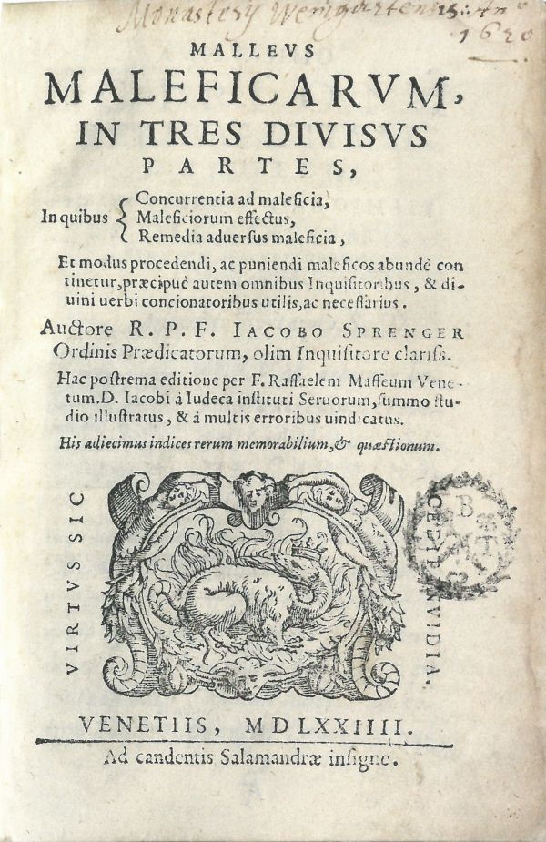 Titelseite des Buches "Malleus Maleficarum" (Hexenhammer)
