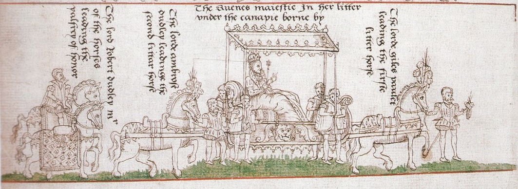 Zeichnung der Krönungsprozession von Elizabeth I. mit Robert Dudley direkt hinter ihrer Sänfte.