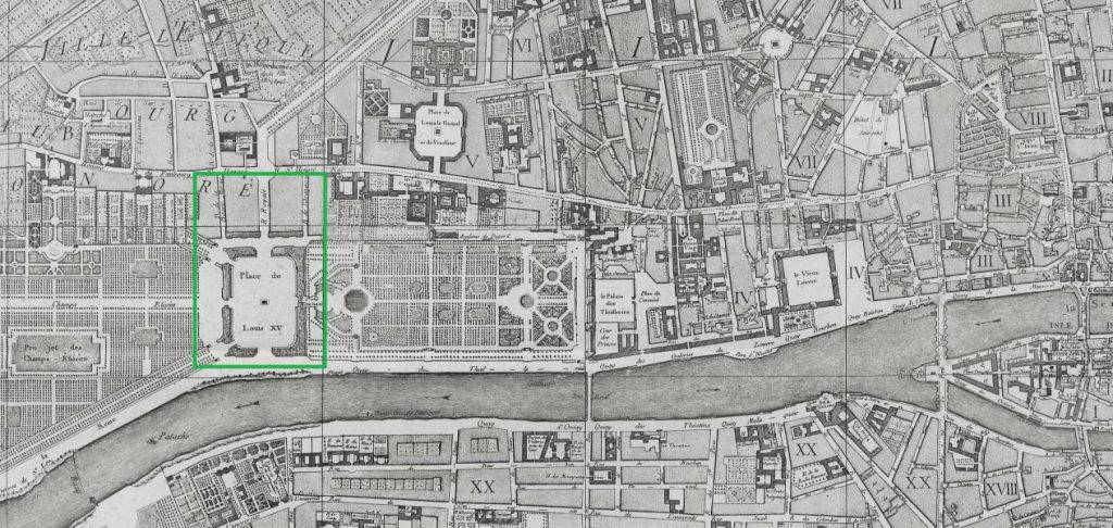 Die Lage der Place Louis XV. auf einem Stadtplan von 1763.