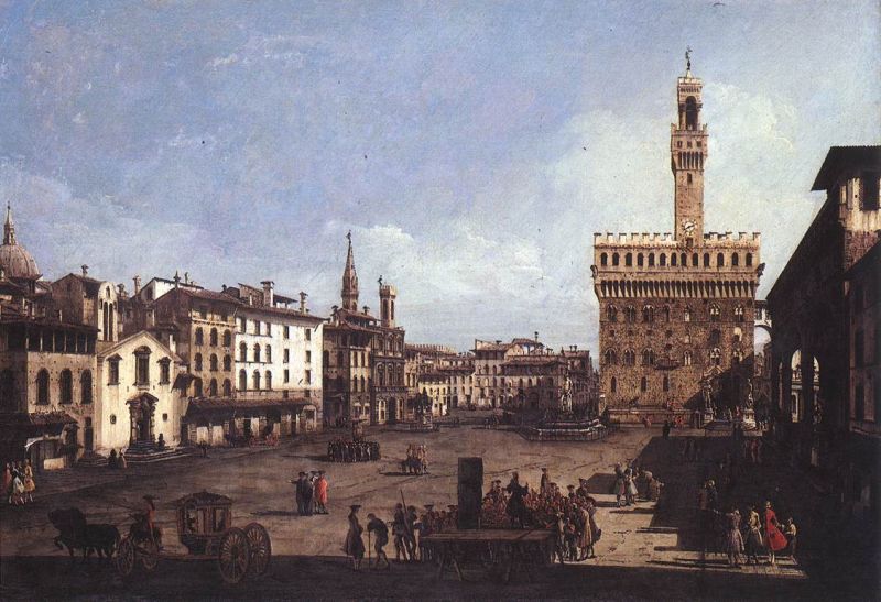 Die Piazza und der dahinter gelegene Palazzo della Signoria, zentraler Ort in Florenz und unter anderem Schauplatz der Verschwörung der Pazzi.