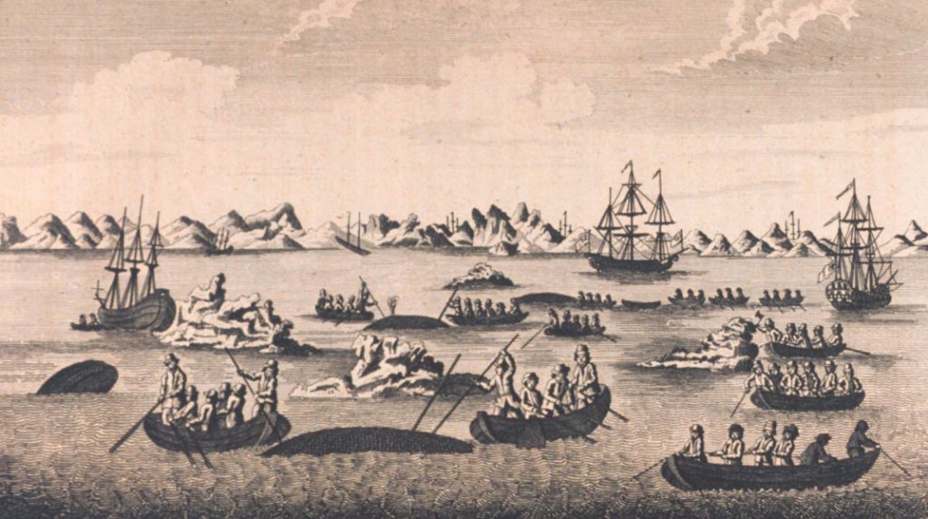 Historische Darstellung des Walfangs im 18. Jahrhundert.