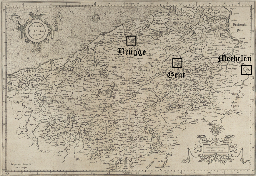 Eine historische Karte von Flandern, auf der Brügge, Gent und Mechelen markiert sind.