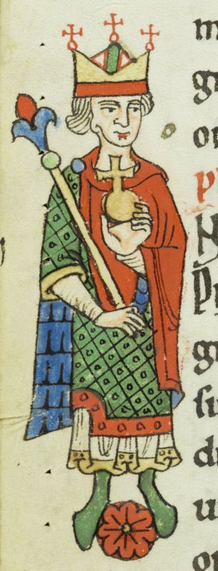 Philipp von Schwaben in einer mittelalterlichen Miniatur. Seine Herrschaftsinsignien sind ebenfalls mit Perlen bestickt.