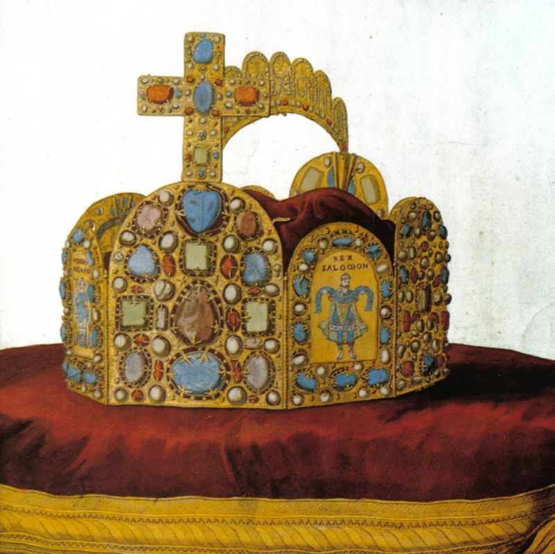 Kolorierter Stich der Reichskrone aus dem 18. Jahrhundert.