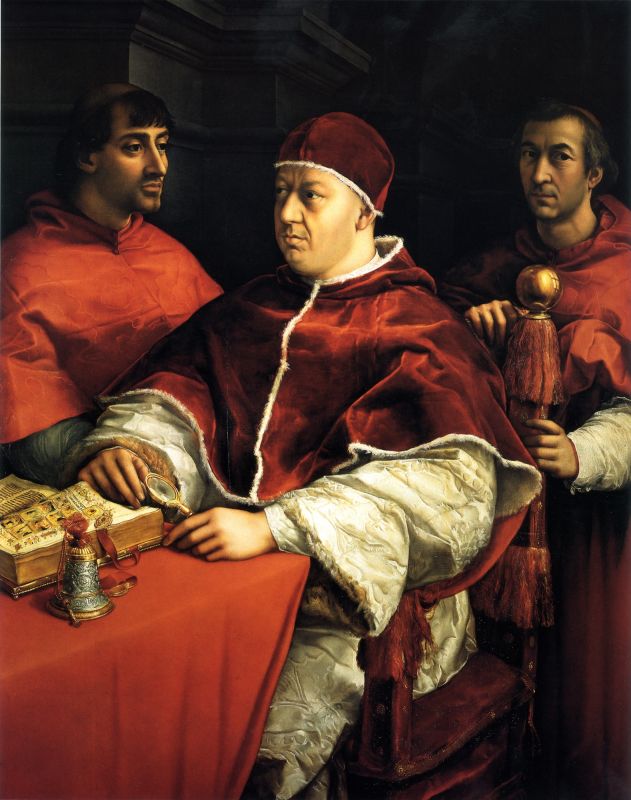 Das von Raffael gemalte Bildnis von Papst Leo X. mit zwei Kardinälen.