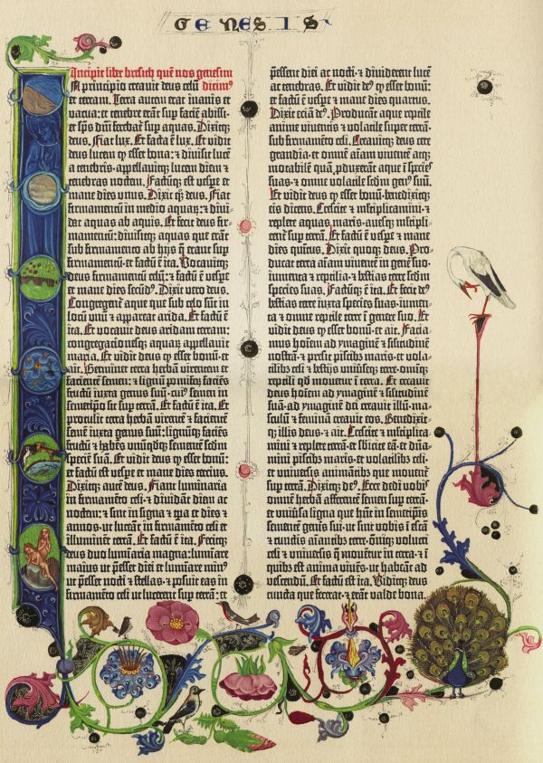 Eine Seite aus der Gutenberg-Bibel als Beispiel für den frühen Buchdruck.