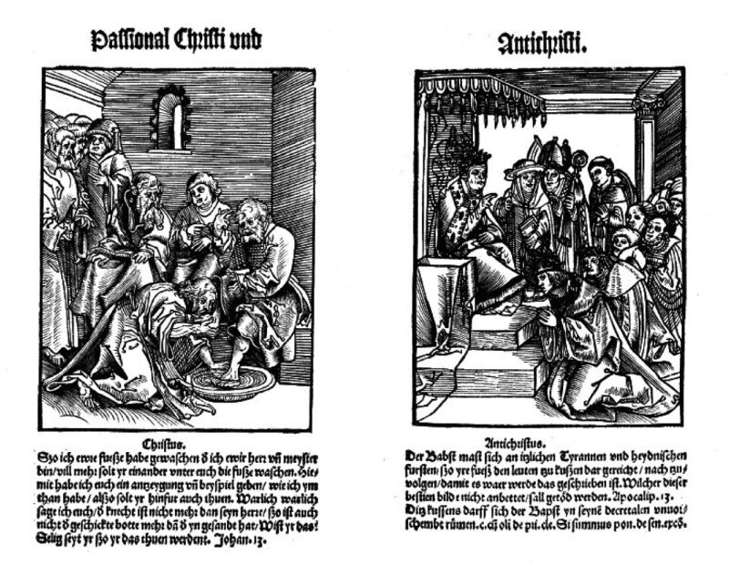 Das Passional Christi und Antichristi, gedruckt in Wittenberg während der Reformation. Jesus und der Papst werden einander gegenübergestellt.