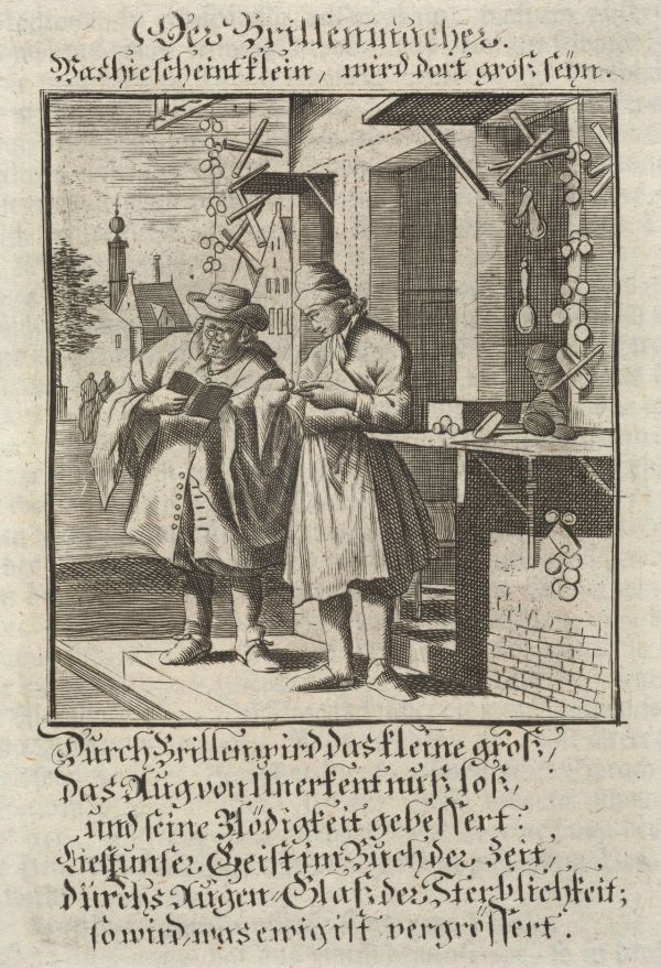 Ein Mann kauft eine Brille in einem Geschäft, 17. Jahrhundert.