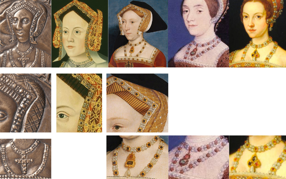 Ein Vergleich der Hauben und des Schmucks von den Königinnen Heinrichs VIII.